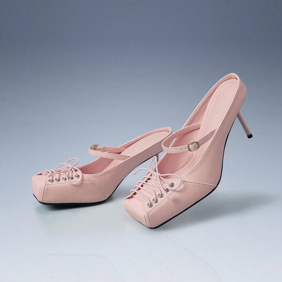Pink Punk Women's Lace-Up Square Toe High Heel Pumps - Picture 3 of 5